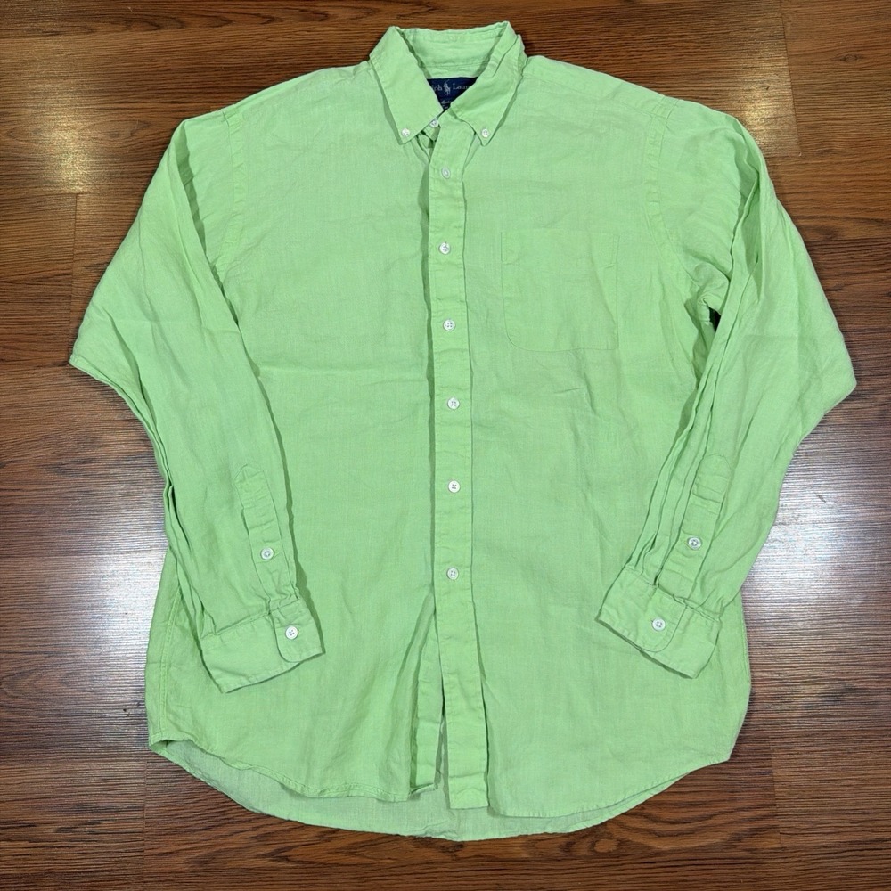 Polo Ralph Lauren Linen Button Down Mint Green Men's L Shirt Long Sleeve Pocket